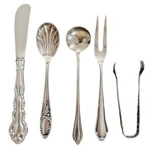 Vintage Lot of 5 Silver Serving Pieces Spoon Fork Ladle Tongs Butter Spreader